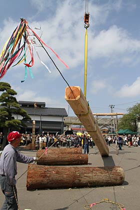 8日行われた「第1回三条削ろう会東日本大震災復興祈願・三条記念事業」の200年杉御柱建て