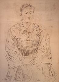  和服の女性を描いた本画と下図を展示