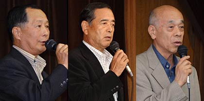 私たちの三条市をつくる市民の会の村上会長、小中一体校の問題を考える会の外山会長、市民の会の内山顧問