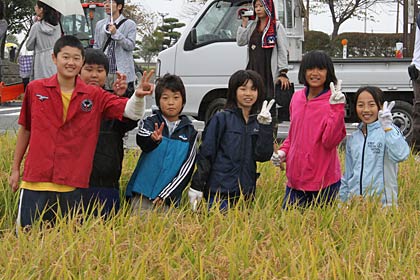 張り切って稲刈りを始める子どもたち