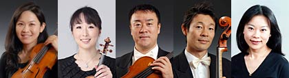 左から読売日本交響楽団の首席奏者で第一バイオリンの赤池瑞枝さん、第二バイオリンの中島麻さん、ビオラの三浦克之さん、チェロの唐沢安岐奈さん、ピアノの江上菜々子さん