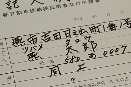 「燕太郎」とある燕市役所吉田庁舎の軽自動車税納税証明書交付申請書