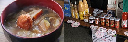 左は十日町の里山のエビを生かした「秋の根菜とにぎわいの味覚なべ蝦揚げ団子添え・謝肉祭」、右は妙高市の特産品