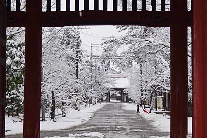 25日昼前、雪化粧した本成寺参道