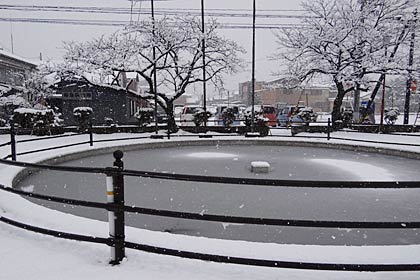 三条市厚生福祉会館の池の水面も白くなり始める