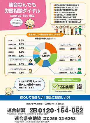 連合県央地協などがことしも9、10、11日と開設する「なんでも労働相談ダイヤル」のちらし