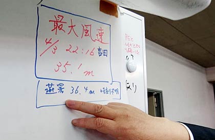 燕市防災課のホワイトボードに最大風速「35.1m」