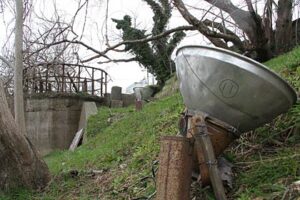 「燕を愛するライトアップ倶楽部」が14日から燕消防署前の中ノ口川左岸のサクラのライトアップを行うために投光器を設置