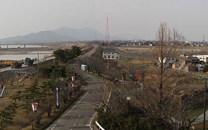 信濃川大河津資料館から分水おいらん道中が進む大河津桜並木、その右側が昨年、造成された大河津分水さくら公園
