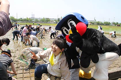 田植え中もつば九郎と、はいチーズ