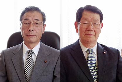  三条市議会の役員改選で議長に決まった熊倉市議(左)、副議長に決まった横山市議(右)