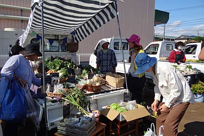  直売するのが初めての加茂市北潟、高橋佳奈子さんはフランスの市場の「マルシェ」テーストで荷台をディスプレー