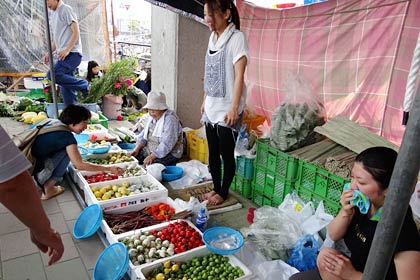 盆棚に飾るものなど色とりどりの野菜が露店を彩る