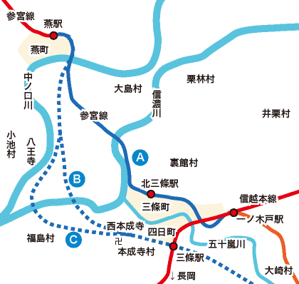 燕駅から一ノ木戸駅に伸ばすAと、三條駅へ伸ばすB、Cの3つ案があった