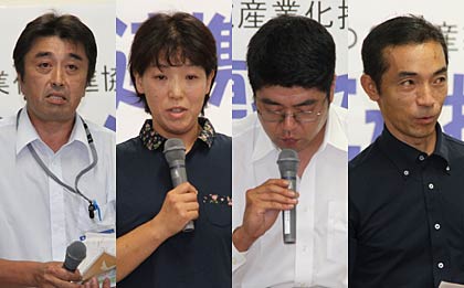燕市の農産物の紹介とPRで、左から「飛燕舞」と「つば九郎米」の販売状況を話すJA越後中央、しぶき農園の渋木美佐子さんが減農薬で有機肥料たっぷりのジネンジョ、内田勇吾さんが有機微生物農法によるこだわり野菜、しいたけ新六の近藤孝志さんが菌床シイタケ栽培