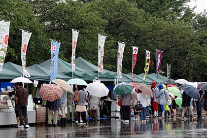  雨でさすがの三条マルシェも人出が少ない