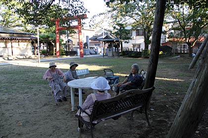 28日の昼下がり、燕市南3、金山神社で過ごす近所の人たち