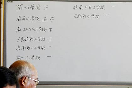 応募のあった小学校名をホワイトボードに書き出す