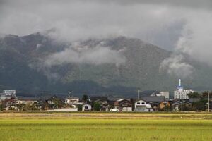 31日朝の燕市吉田法花堂から望む弥彦山、というよりは多宝山