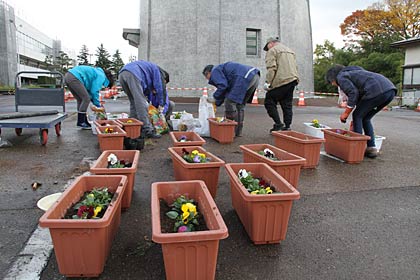「燕の水道の塔を愛する会」が水道の塔の西側のスペースでプランターに花の苗を植え、花壇に球根を植える