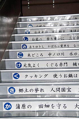 燕市立小池小学校の階段一段ごとに張られた、つばめっ子かるたの読み札の字句