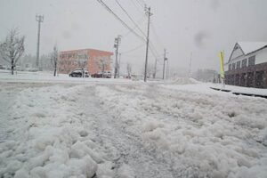 ￥「かもしか病院」前の道路に積もった雪
