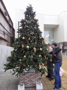 三条中央商店街がイブの24日開催のクリスマスイベント「サンタマルシェ＠三条中央商店街」に向けて商店街にクリスマスツリーを設置してPR