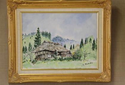 魚沼のかやぶき屋根の古民家をスケッチして絵画作品