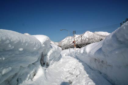 歩道は背丈を超すほどの雪の壁