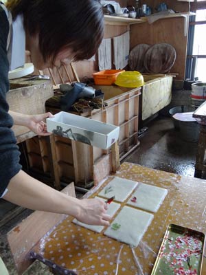  すいた和紙に木の葉を並べる