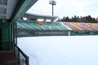 アルビBCチームとの第1回雪上野球大会を行う三條機械スタジアムのグラウンド