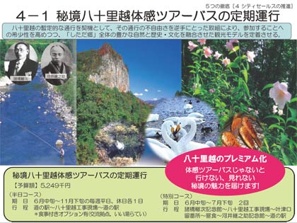  三条市が新年度当初予算案発表で示した資料より秘境八十里越体感ツアーバスを定期運行についての記述