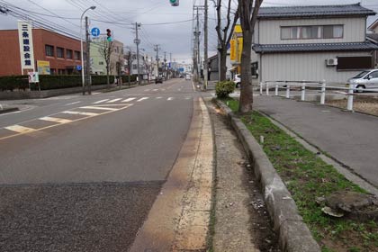 事故のあった現場、歩道の縁石に傷がつき、その先の街路樹にぶつかった。