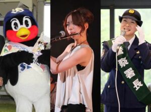 左から燕市PR隊鳥に就任するつば九郎、PR大使に就任する本宮さん、上杉さん