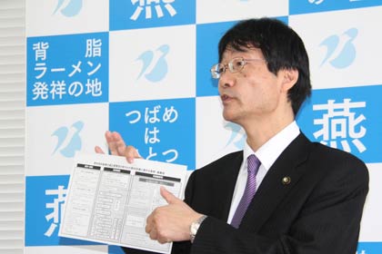 定例記者会見を行う鈴木力燕市長