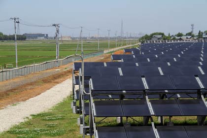 31日の「メガソーラーTSUBAME site」、左奥に見える黒っぽい四角い横長の建物が燕市役所新庁舎