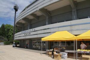 15、16日の2013プロ野球ウエスタン・リーグ公式戦阪神タイガース対中日ドラゴンズ2連戦に向けて準備が進む三條機械スタジアムで