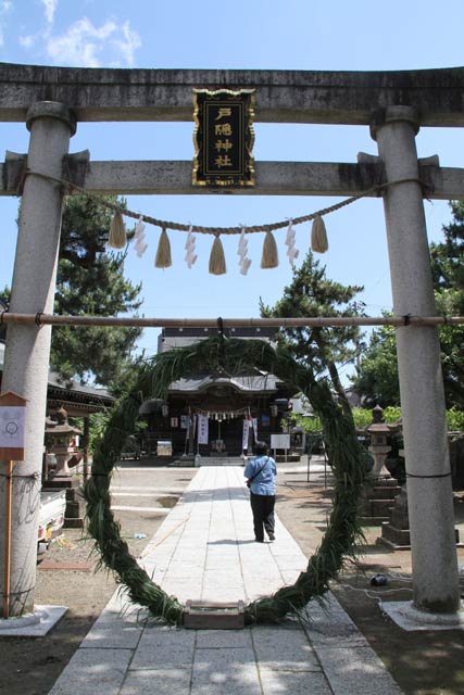 夏越の大はらえを前に27日、戸隠神社に設置された茅の輪