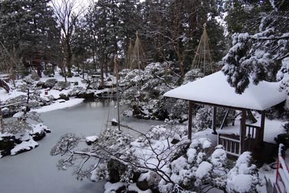 庭の三軌園は雪景色に