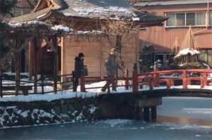 氷が張った八幡宮の池