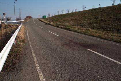 事故現場、車は写真の手前から奥へ向かって走行中に人をはねた