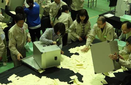  27日行われた三条市議選の開票作業