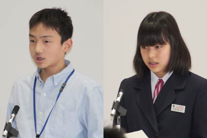 受講生の抱負で左が燕南小6年小林君、分水中3年谷地さん