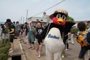 農業体験田「スワローズ・ライスファーム」の田植えに訪れたつば九郎