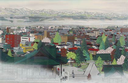 切り絵のような表現を見せる「新緑の町で」