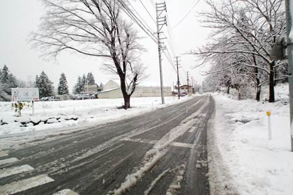 国道289号から嵐渓荘、遅場、吉ヶ平方面に向かう道の積雪のようす