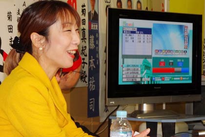  開票を待つ菊田氏には笑顔も