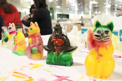 燕三条Wingの天神講菓子絵付け体験で完成したカラフルな金花糖の菓子