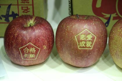 板垣金属のレーザー加工で文字を描いたリンゴ