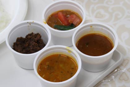 試食した4種類のカレー、いちばん上のココナッツカレーから時計回りにエビカレー、サンバル、ドライカレー